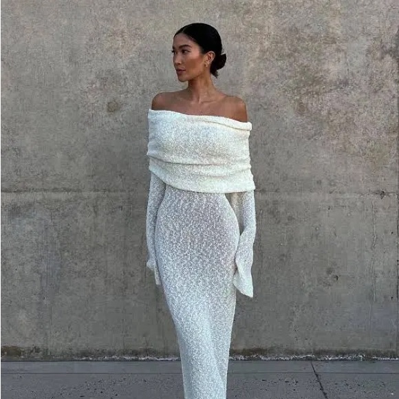 Meshki Dresses & Skirts - Meshki Marisol Off-Shoulder Boucle Maxi Dress - Cream